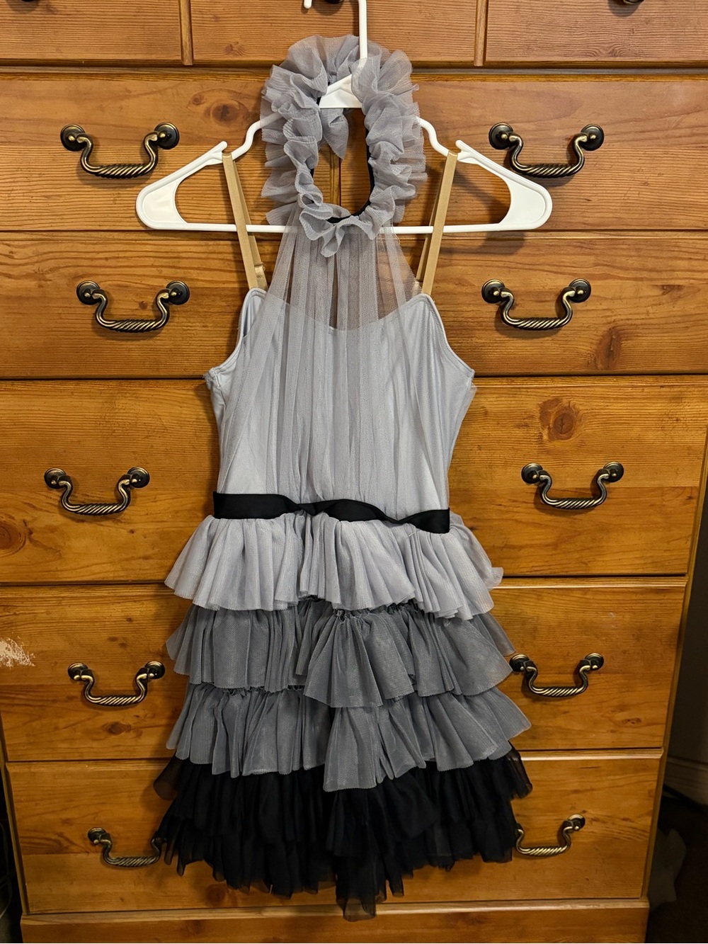 Weissman Gray and Black Ruffled Tulle Halter Mini Dress Dance Costume